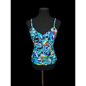 Caribbean Joe Bathing Suit‎ Top Women's Size 10 Blue Multi Cups Light Padding